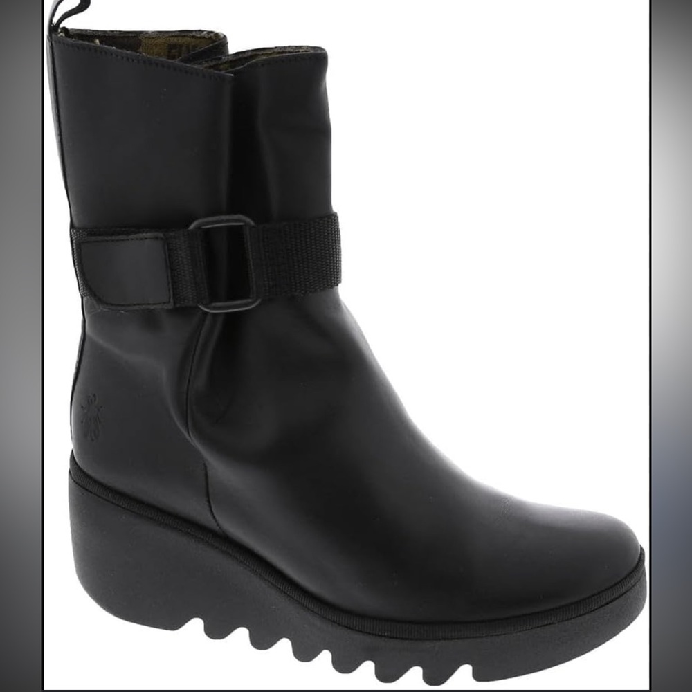 Fly London Black Ankle Boots with Chunky Wedge Heel - Picture 5 of 5